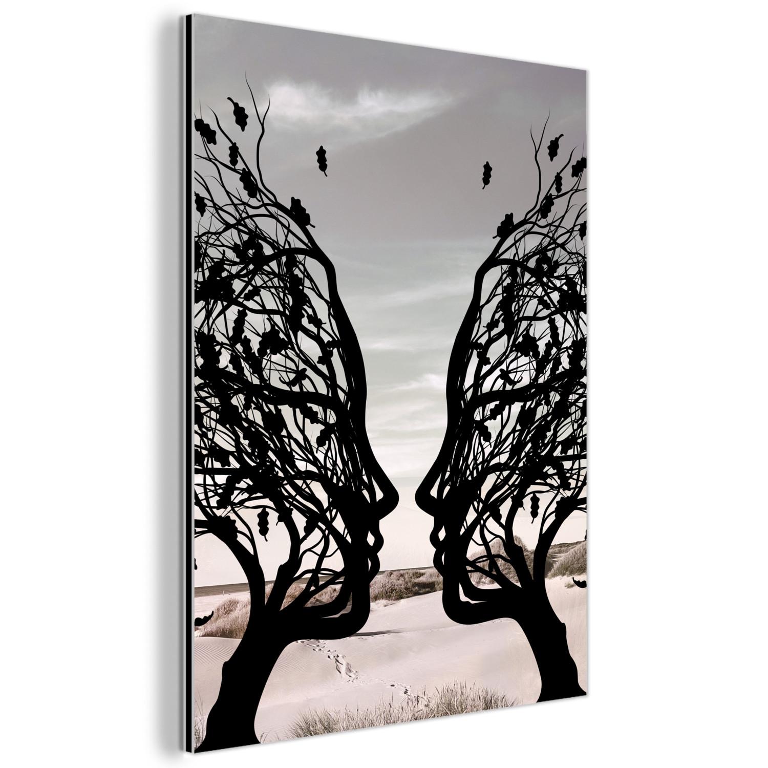 METALLBILD Strand - Meer - Menschen - Baum - Moderne Kunst 60x80 cm - Hellgrau, Metall (60/80cm) - MuchoWow