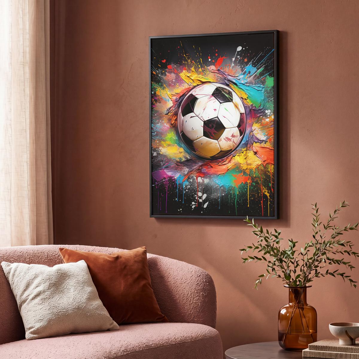 LEINWAND Bilder mit Rahmen - Fußball - Farbe - Farben - Schwarz - Weiß - 70x100 - Weiß, Textil (70/100cm) - MuchoWow