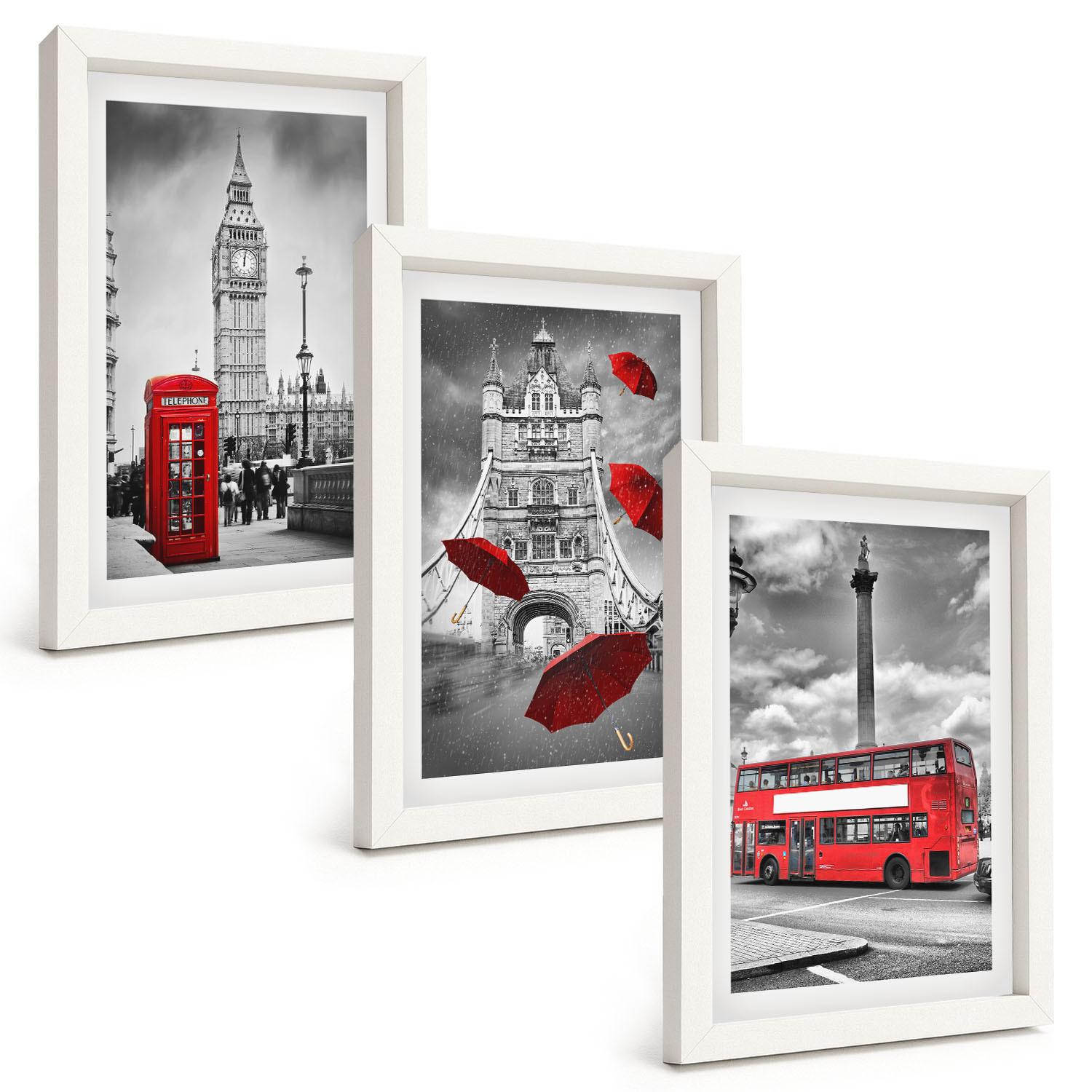 BILDER SET 3er Set - 20x30 cm Weißer Rahmen - Roter Regenschirmstand und Londoner Bus - Weiß, Kunststoff (20/30cm) - TULUP