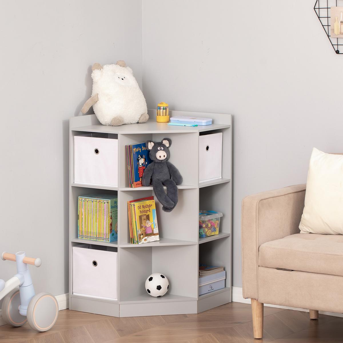 KINDERREGAL Eckregal mit 3 Aufbewahrungsboxen Kinderzimmer Spielzeugablage Grau - Grau, Holzwerkstoff (57.4/94/57.4cm) - HOMCOM
