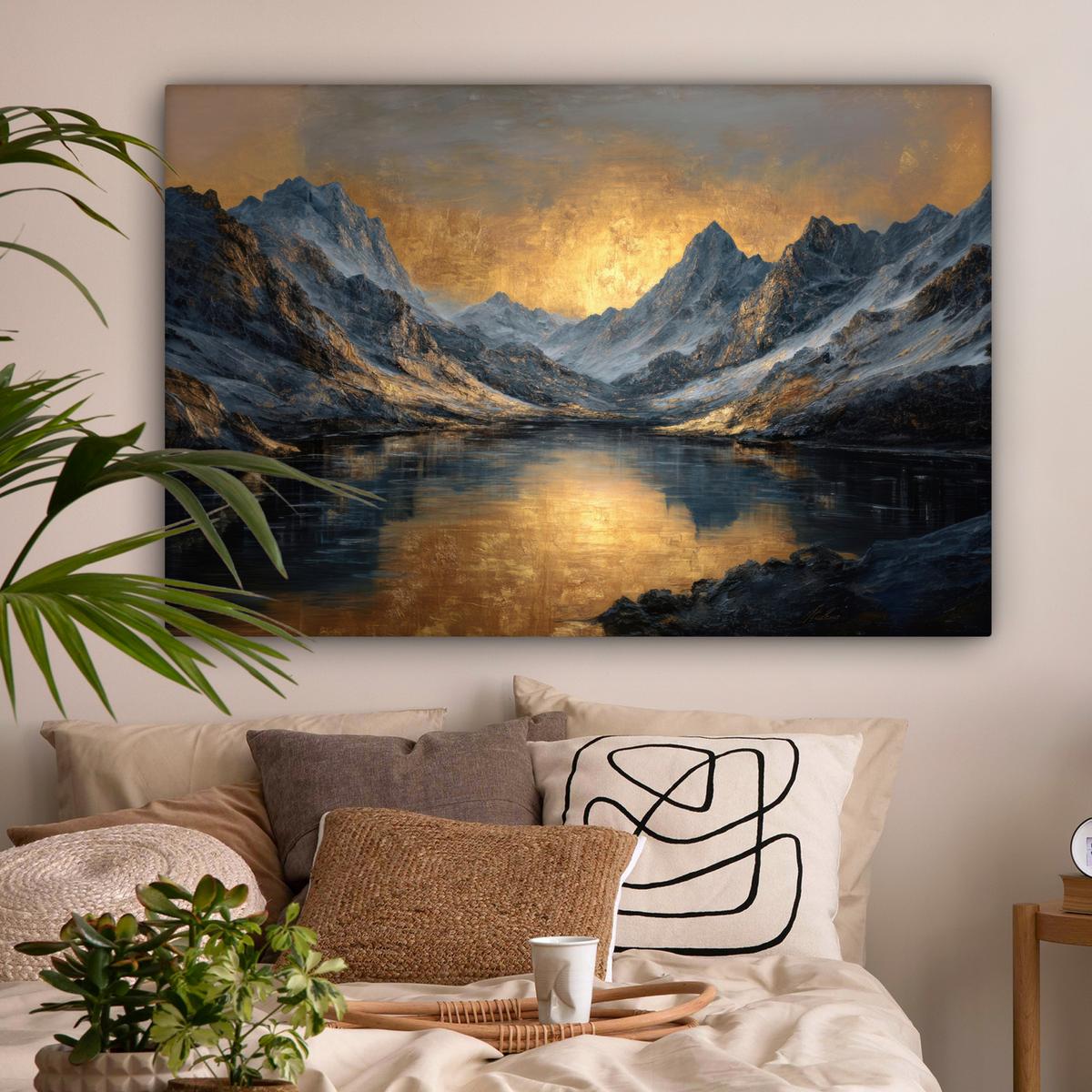 LEINWANDBILD Bergkulisse mit goldenem Sonnenuntergang Wohnzimmer Groß 120x80 cm - Goldfarben, Textil (120/80cm) - MuchoWow