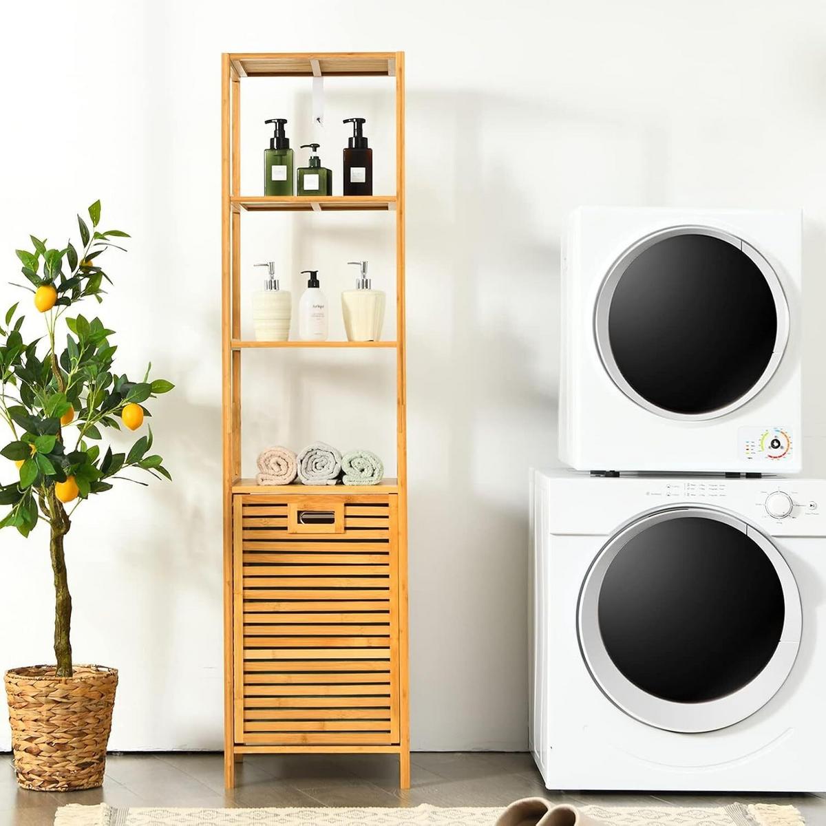 WÄSCHESCHRANK mit abnehmbarem Wäschesack & Griff natur - Naturfarben, Naturmaterialen (40/160/33cm) - COSTWAY