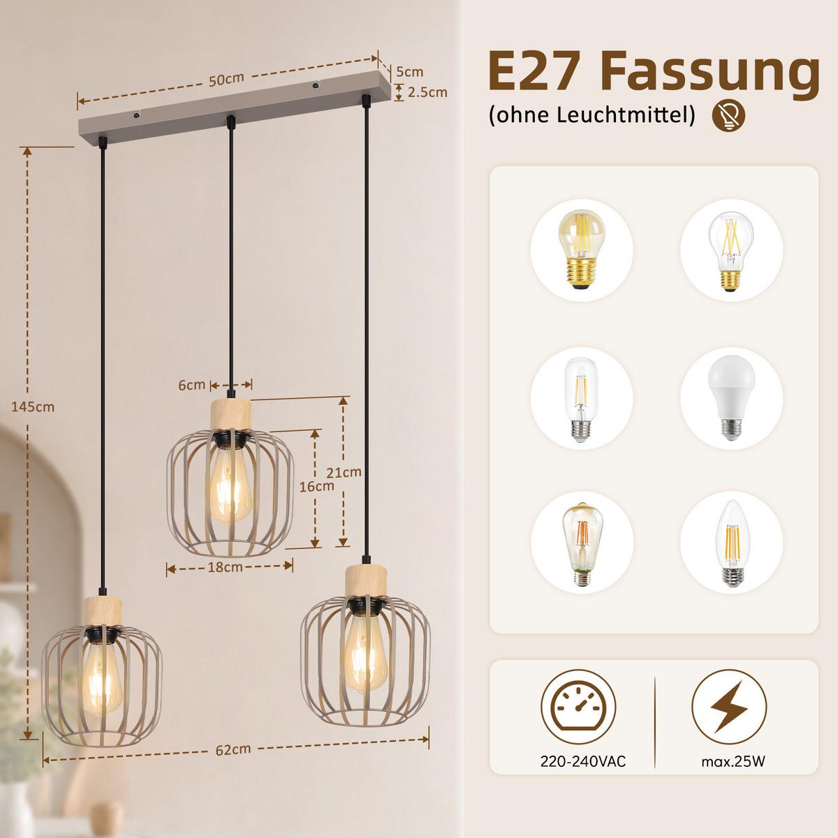 PENDELLEUCHTE Grythvin 62/18/145 cm - Grau, Holz/Metall (62/18/145cm) - ZMH