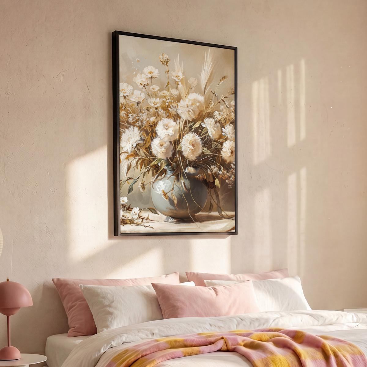 LEINWAND Bilder mit Rahmen - Blumen - Vase - Stilleben - Beige - 100x150 - Creme, Textil (100/150cm) - MuchoWow