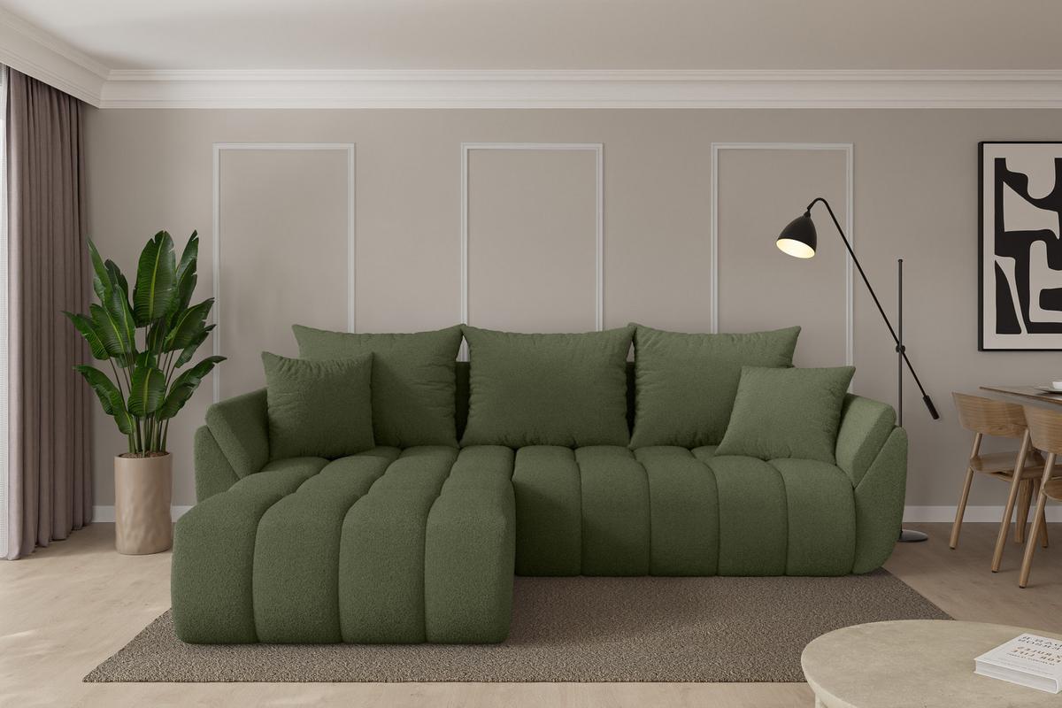 ECKSOFA mit Schlaffunktion Ottomane Links TOKO-L-v1 277x194x86 Grün Bouclé - Schwarz/Olivgrün, Holzwerkstoff/Kunststoff (277/194cm) - ALTDECOR