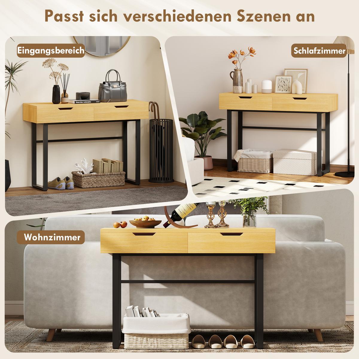 KONSOLENTISCH Schmaler Flurtisch mit 2 Schubladen, Metallrahmen, Natur - Naturfarben, Holzwerkstoff (110/35/76.5cm) - HOMCOM