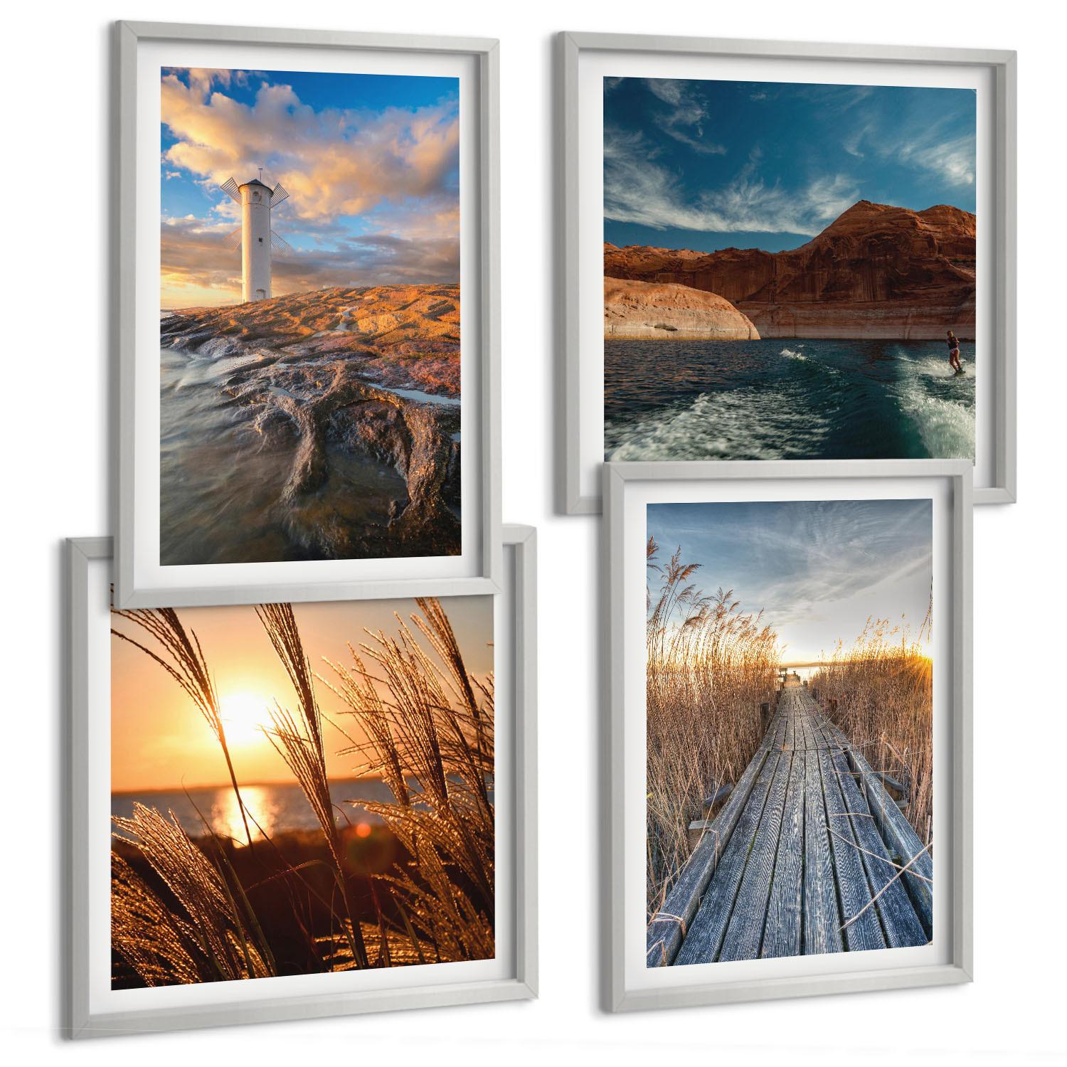 BILDER SET 4er Set - 50x50 cm & 40x60 cm Silberner Rahmen - Leuchtturm-Grassteg - Silberfarben, Kunststoff (50/50cm) - TULUP