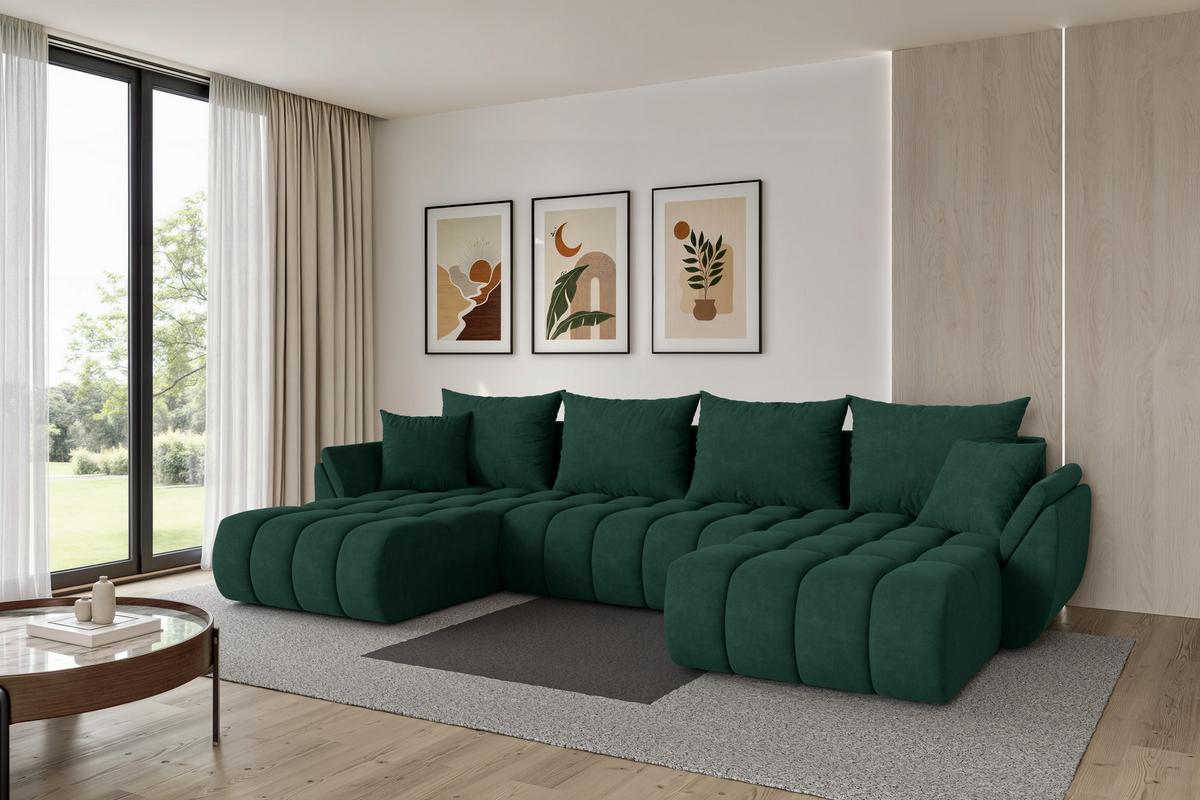 WOHNLANDSCHAFT mit Schlaffunktion und Bettkasten TOKO-U-v1 378x194x86 Grün Velours - Schwarz/Grün, Holzwerkstoff/Kunststoff (378/86/194cm) - ALTDECOR
