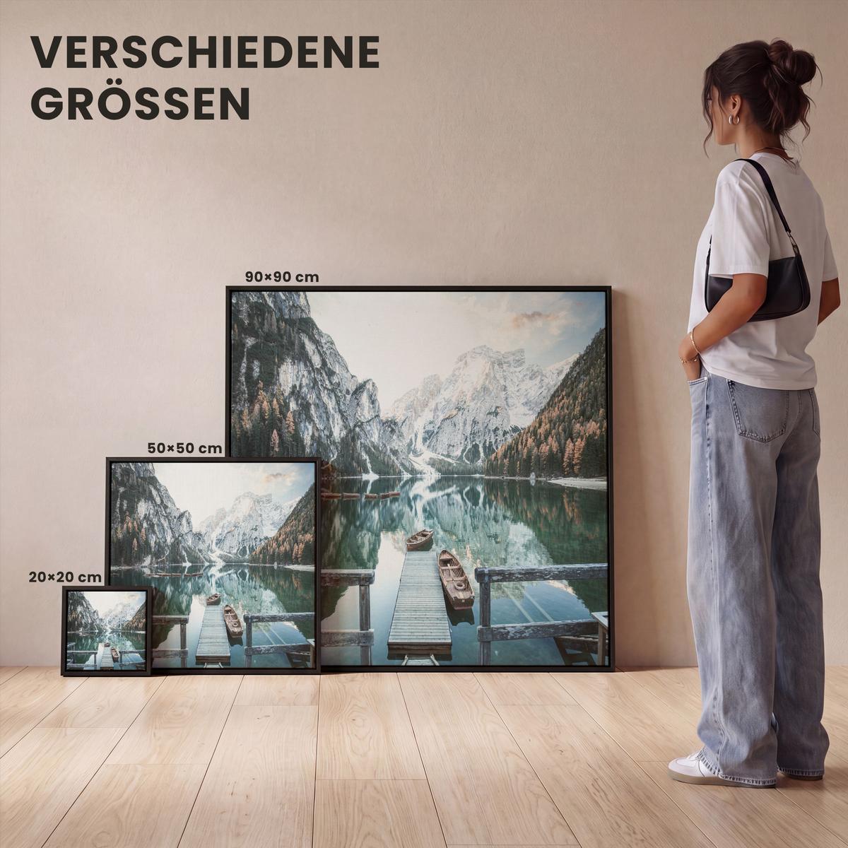 LEINWAND Bilder mit Rahmen - Natur - Berge - Schnee - Wald - Boot - 50x50 - Hellgrün, Textil (50/50cm) - MuchoWow