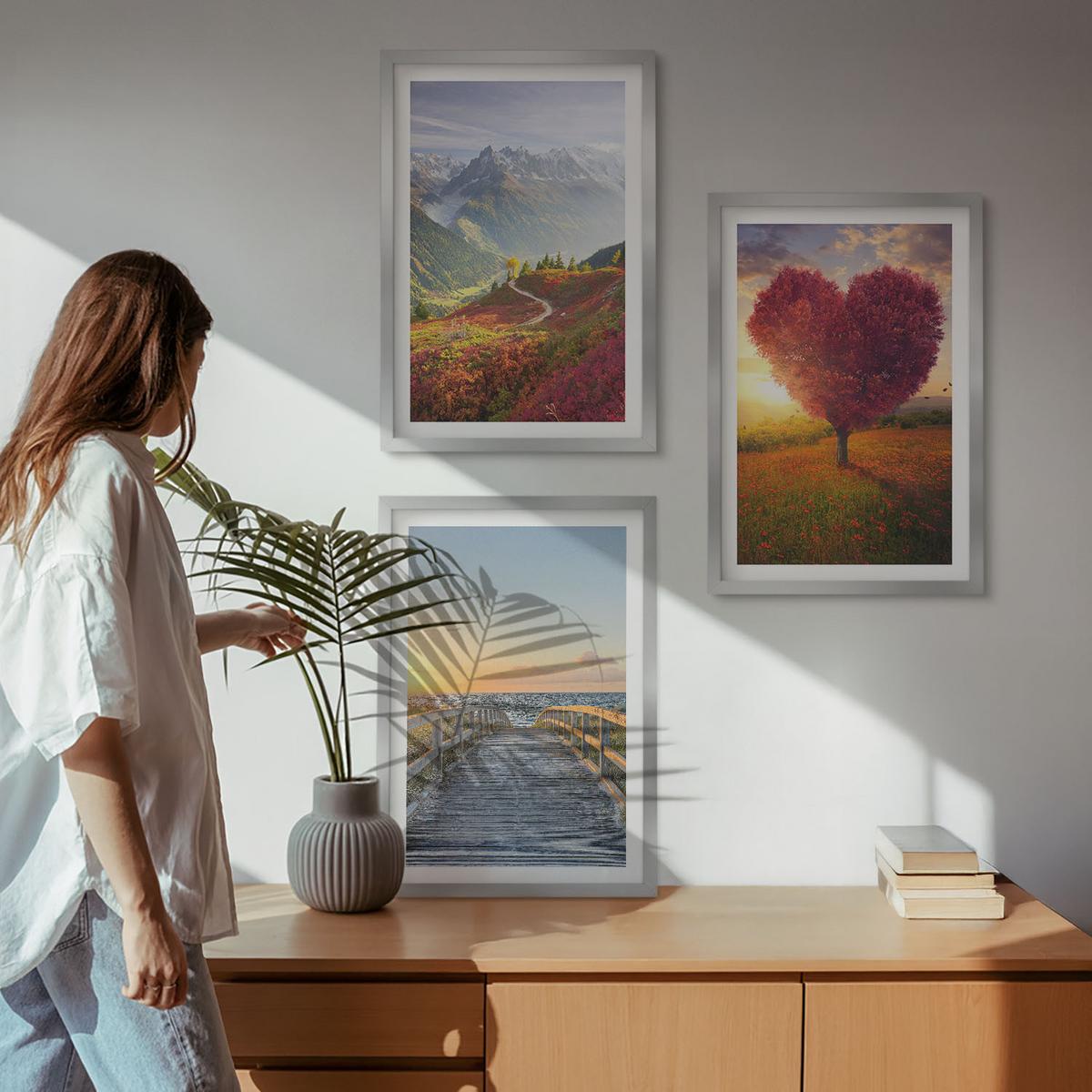 BILDER SET 3er Set - 40x60 cm Silberner Rahmen - Landschaften Berge Baum Herz Pier - Silberfarben, Kunststoff (40/60cm) - TULUP