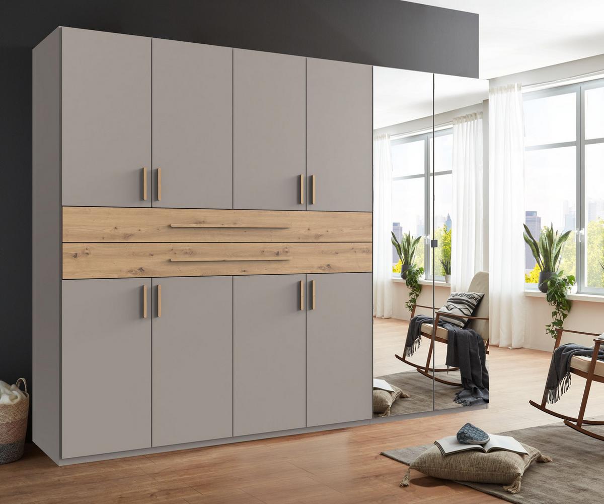 DREHTÜRENSCHRANK B270/H208/T58 cm Sandgrau, Kleiderschrank mit 2 Spiegeltüren, 2 großen Schubkästen & Griffen in Eiche Artisan Dekor / 22647 - Sandfarben/Eiche Artisan, Holzwerkstoff/Kunststoff (270/208/58cm) - luma-home