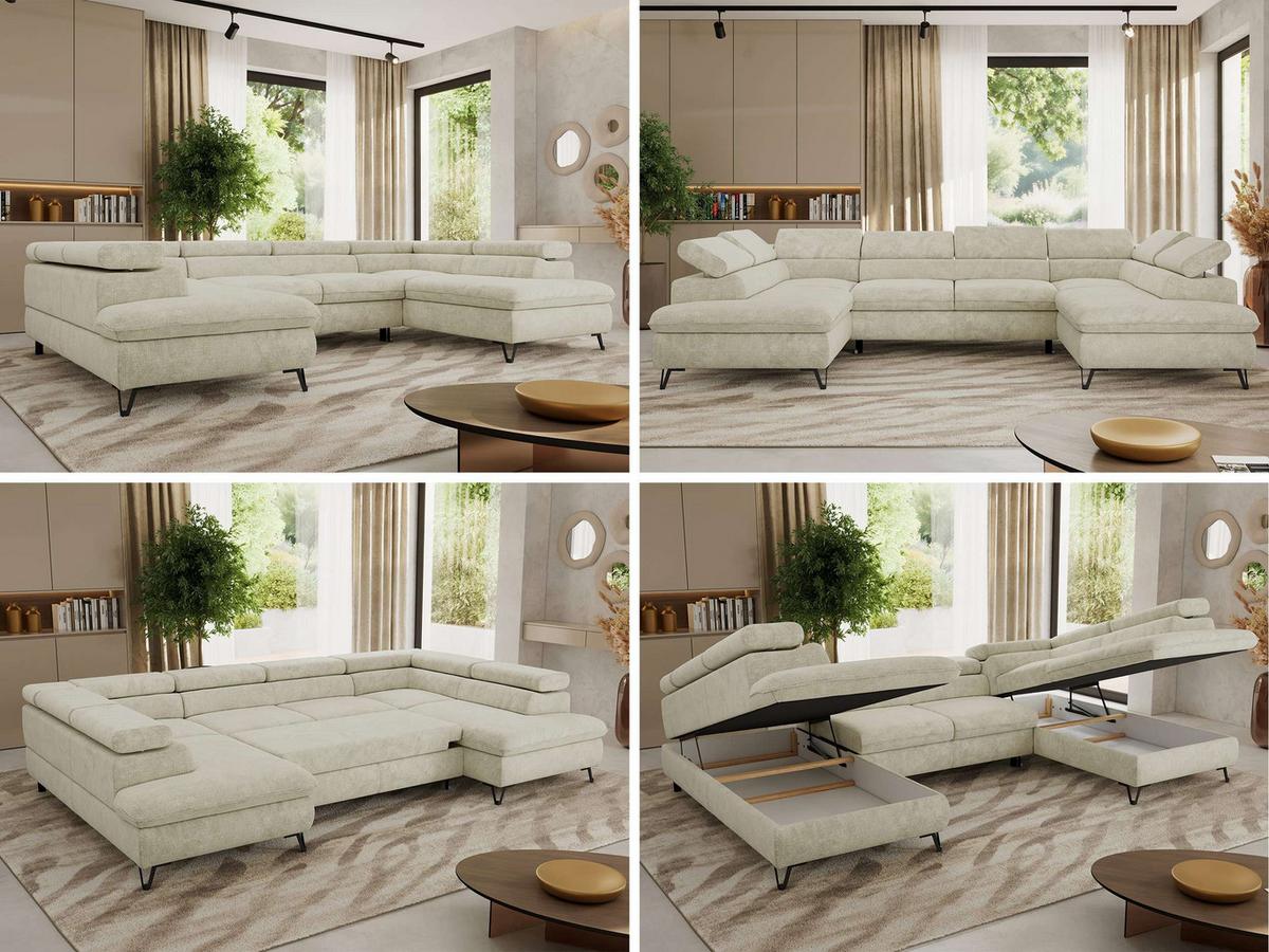 WOHNLANDSCHAFT PABLO U Schenille grob gewebt Creme - Creme/Schwarz, Textil/Metall (346/76/208cm) - MKS