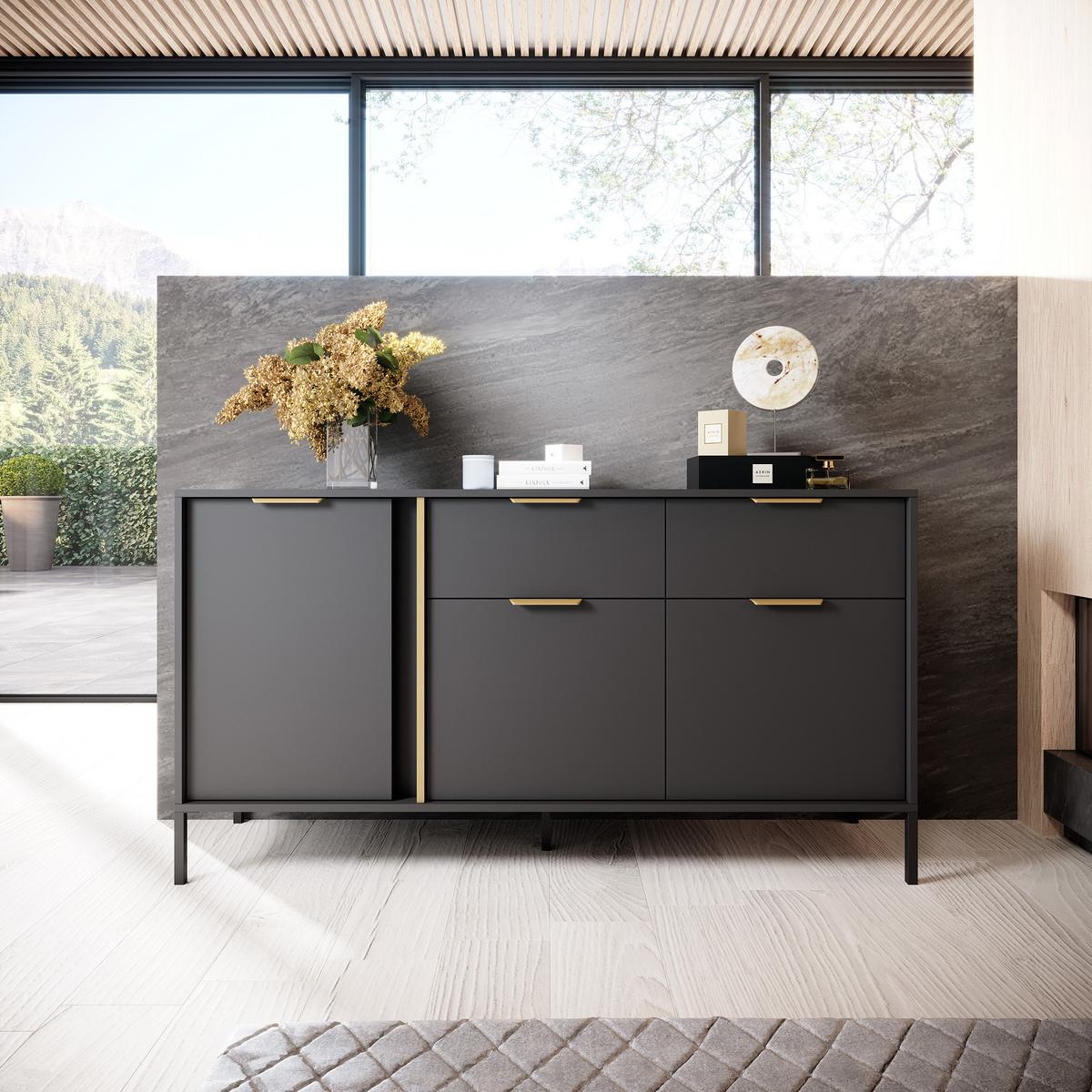 SIDEBOARD LORENZO 153/81/40 cm mit 2 Schubladen und 3 Türen Anthrazit - Anthrazit/Goldfarben, Holzwerkstoff (153/81/40cm) - MASSENO