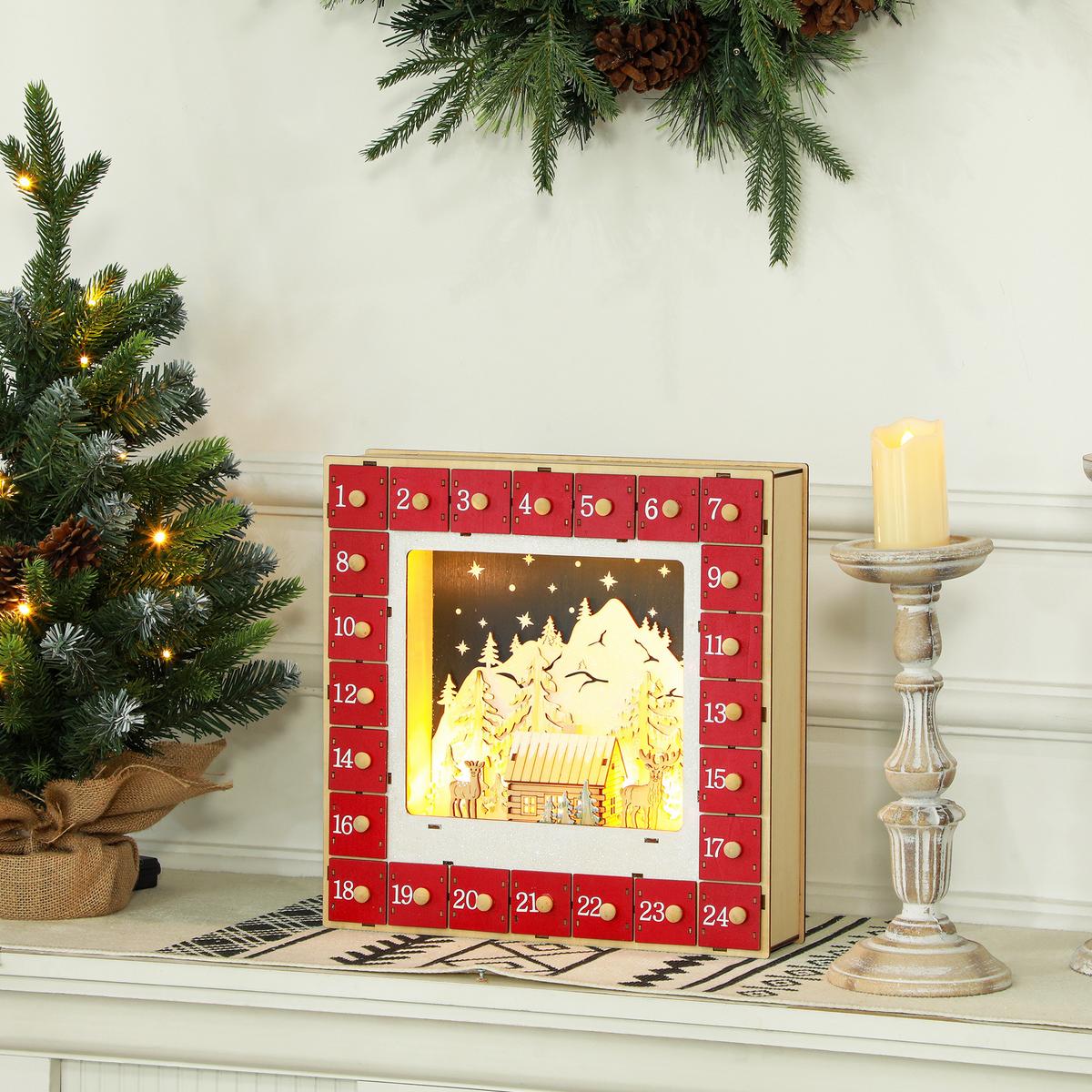ADVENTSKALENDER Weihnachtskalender 24 Schubladen mit LED-Lichtern MDF Rot - Rot, Holzwerkstoff (7/34/34cm) - HOMCOM