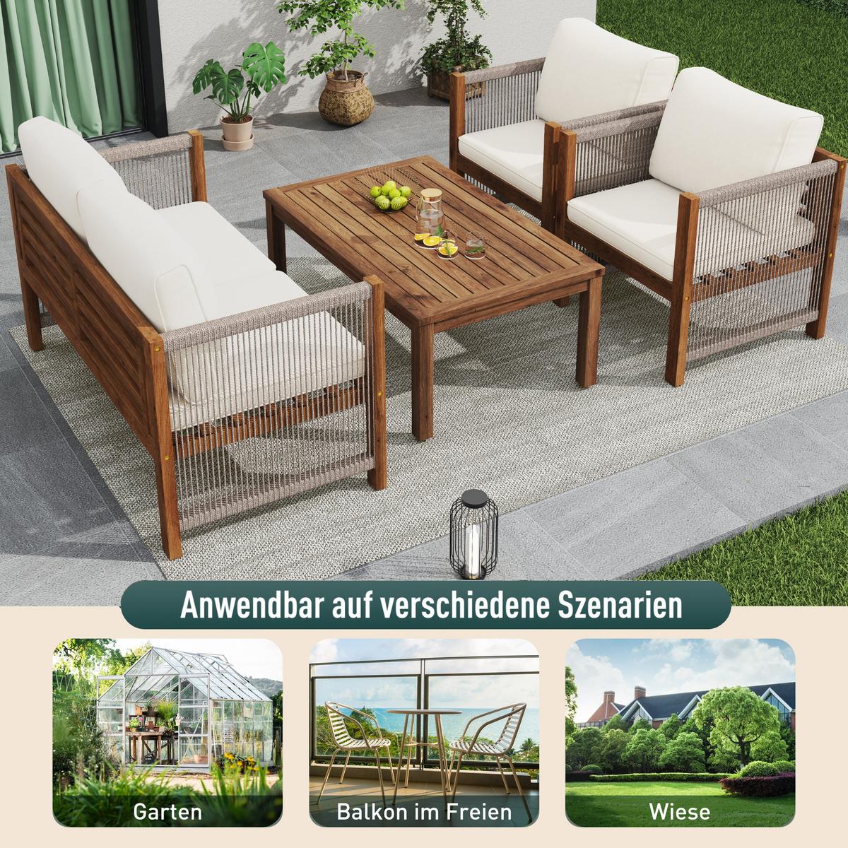 LOUNGEGARNITUR 4-tlg. Akazie & Seil Beige Gartensofa mit Tisch, 2 Sesseln & Kissen - Beige, Textil - Urban Meuble