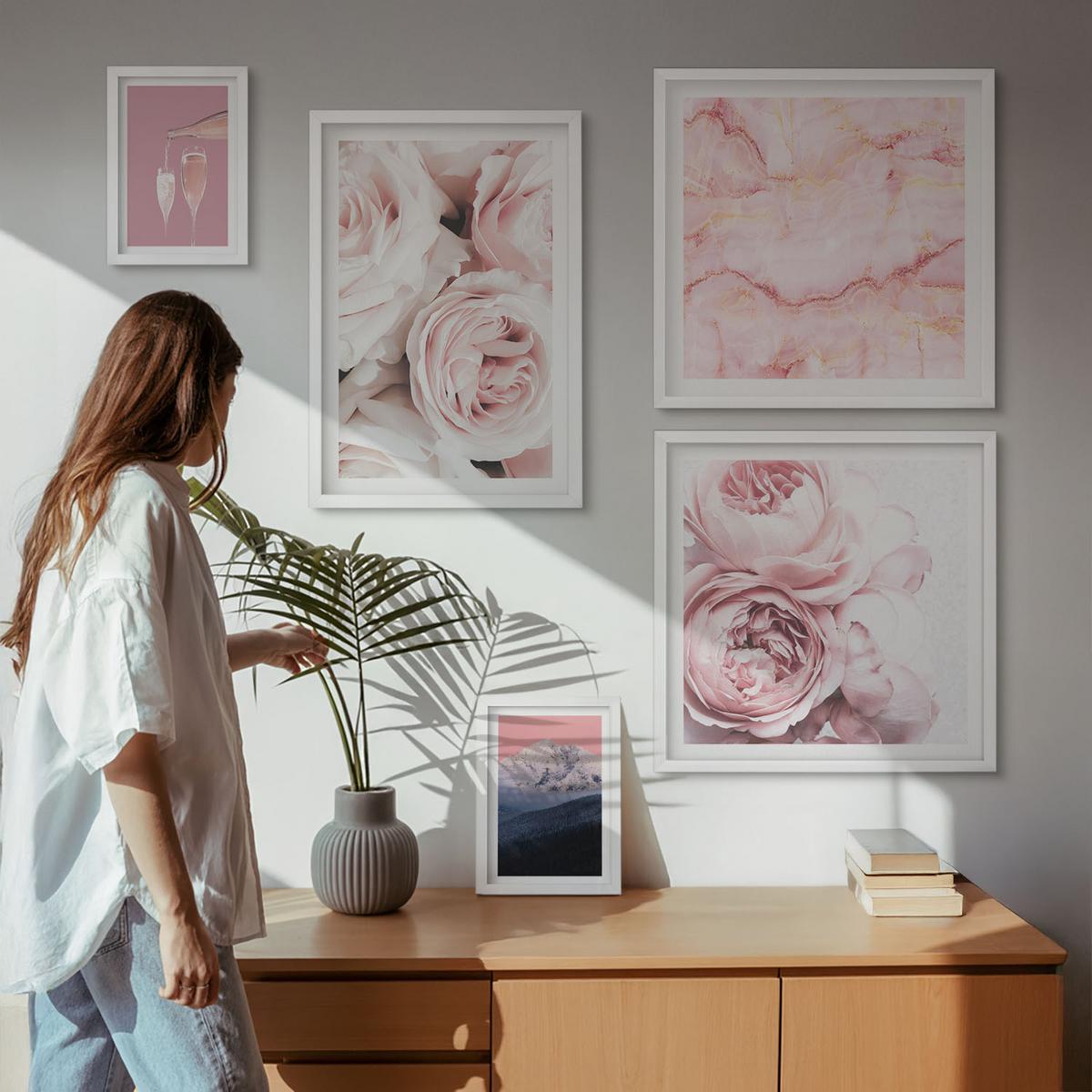 BILDER SET 5er Set - 50x50 cm & 20x30 cm & 40x60 cm Weißer Rahmen - Eiffels Porträt einer Frau mit Rosen - Weiß, Kunststoff (40/60cm) - TULUP