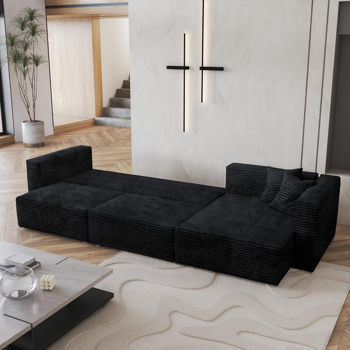 ECKSOFA TOLMO Schwarz Kordstoff mit Schlaffunktion - Schwarz/Grau, Holz/Kunststoff (347/148cm) - MASSENO