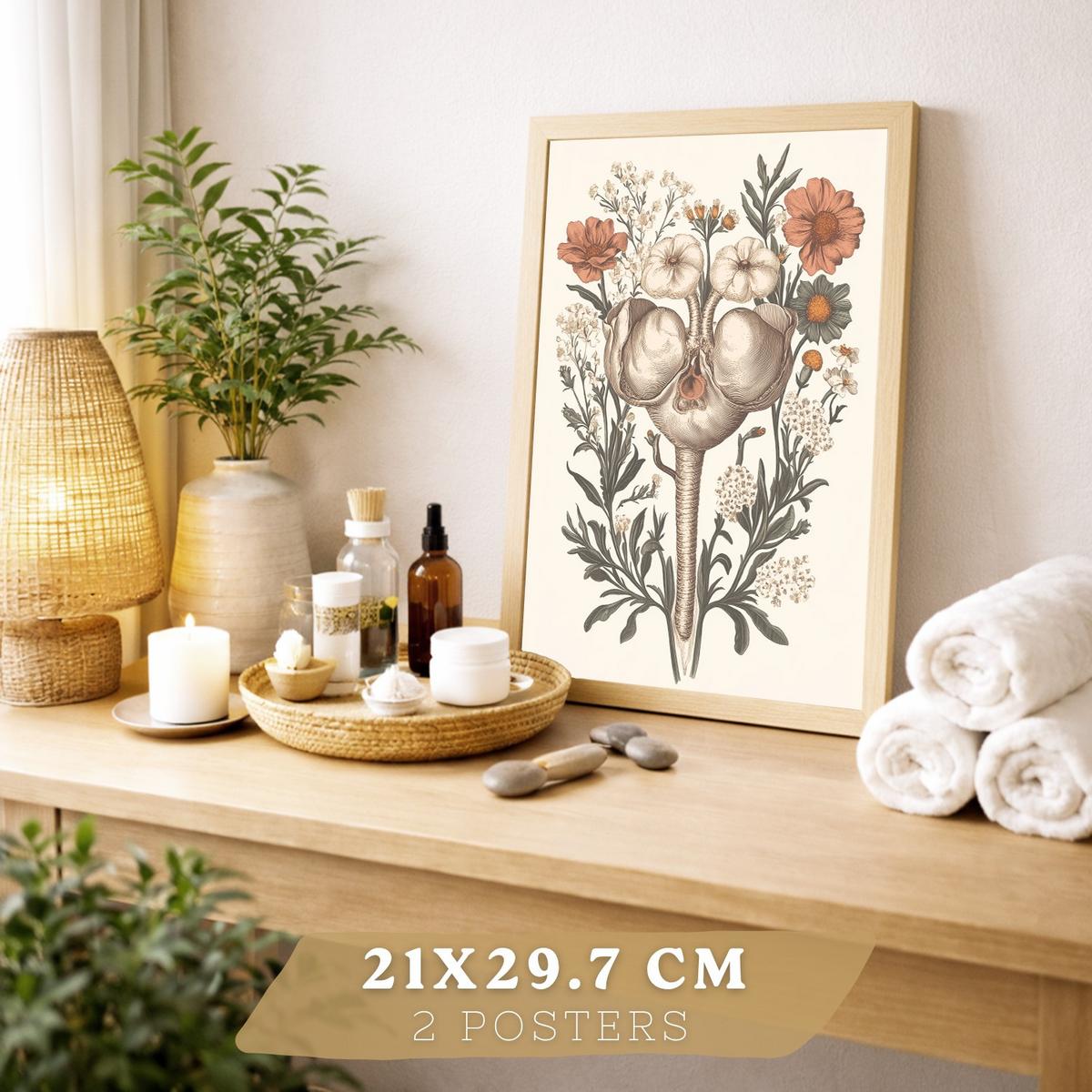 POSTER Set aus 2 Anatomie Mensch Drucke und mit Weiblicher Silhouette und Fortpflanzungssystem Botanischer Stil Größe Leichter Holzrahmen A4 - Beige, Papier (21/29.7/3cm) - Nacnic