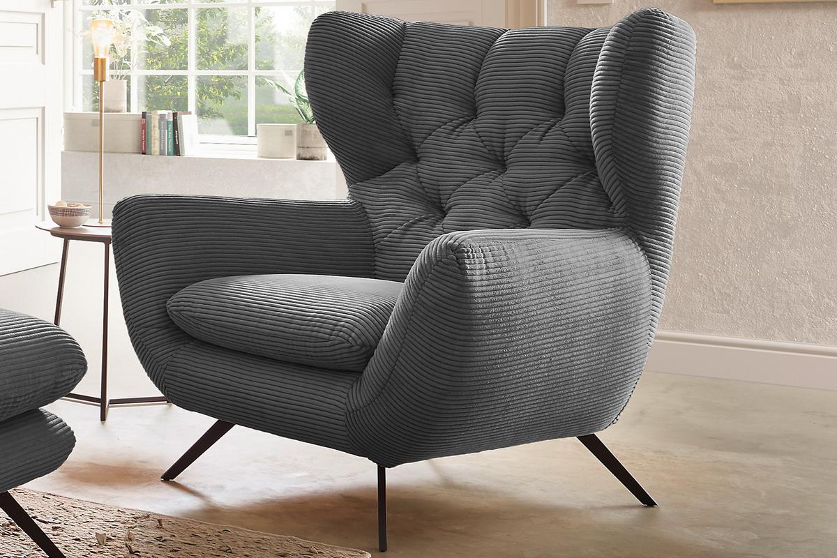 SESSEL CHARME Grau Cord - Schwarz/Grau, Textil/Metall (100/106/95cm) - KAWOLA