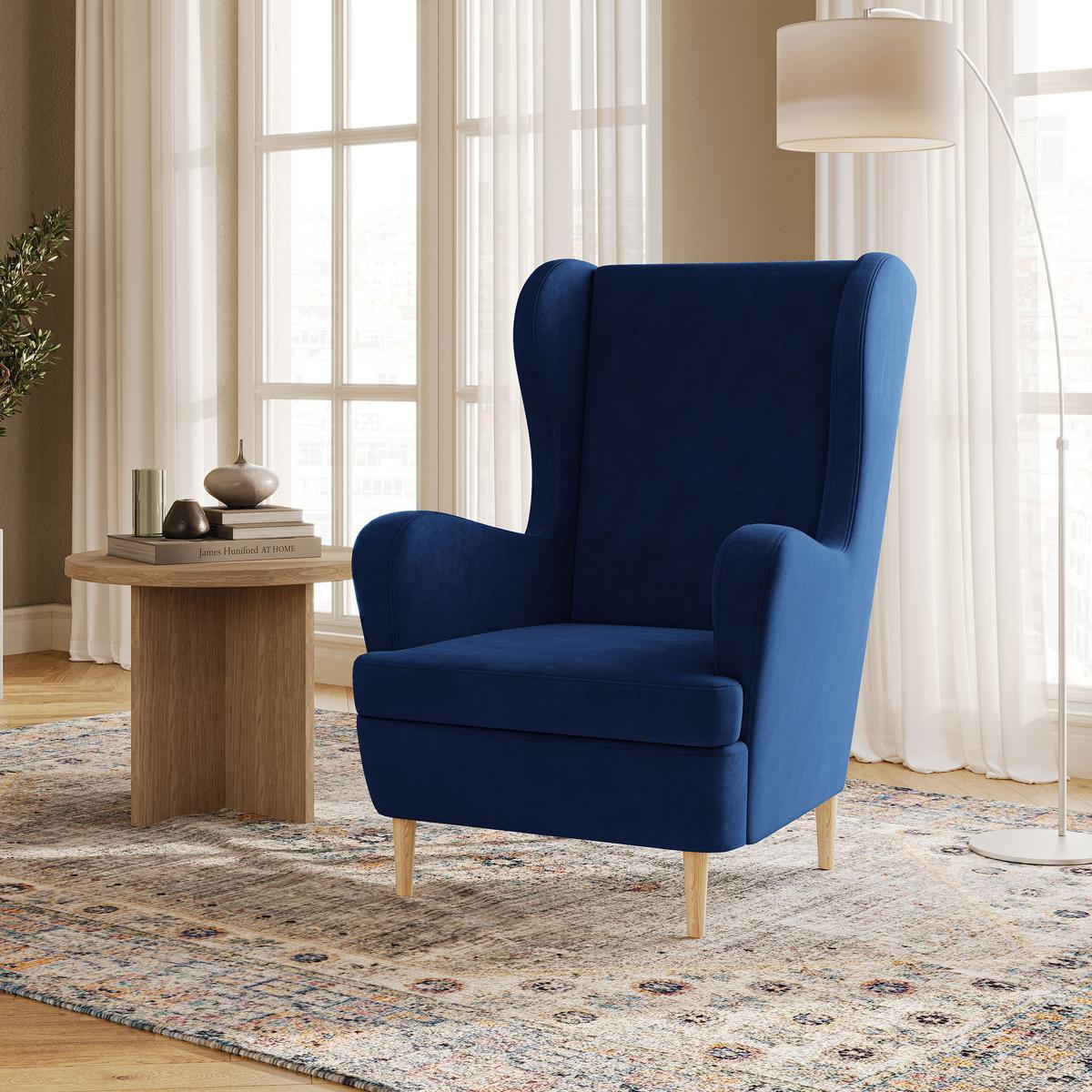 SESSEL VOGERA Ohrensessel Polstersessel, Blau - Blau/Eichefarben, Holzwerkstoff (78/103/85cm) - MASSENO
