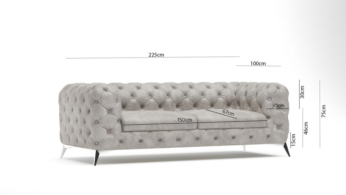 CHESTERFIELD-SOFA 3-Sitzer Quantum Grau Samt - Silberfarben/Grau, Holz/Textil (225/75/100cm) - S-Style Möbel