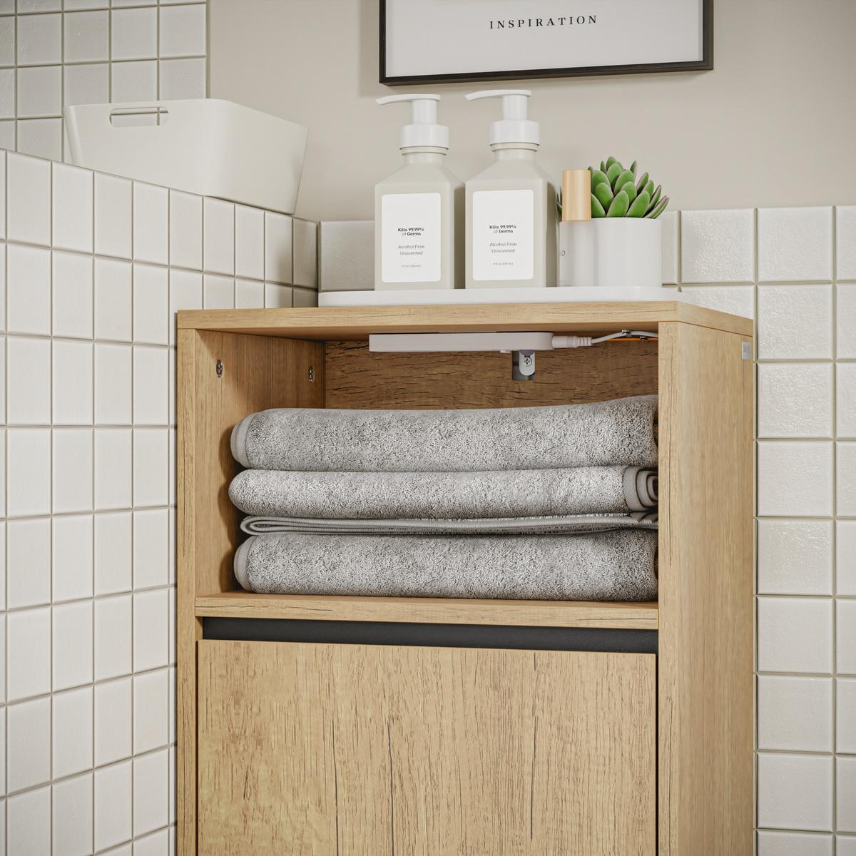 WÄSCHESCHRANK mit Klapptür und integriertem Wäschekorb BZR236-E-N - Hellbraun/Ahornfarben, Holzwerkstoff/Fell (30/90/40cm) - SoBuy