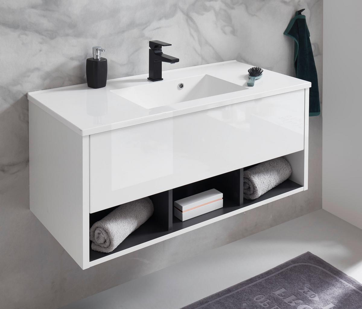 WASCHBECKENUNTERSCHRANK mit Waschbecken weiß Hochglanz, grau 100 cm - Weiß Hochglanz/Grau, Holzwerkstoff (100/44/47cm) - Furn.Design