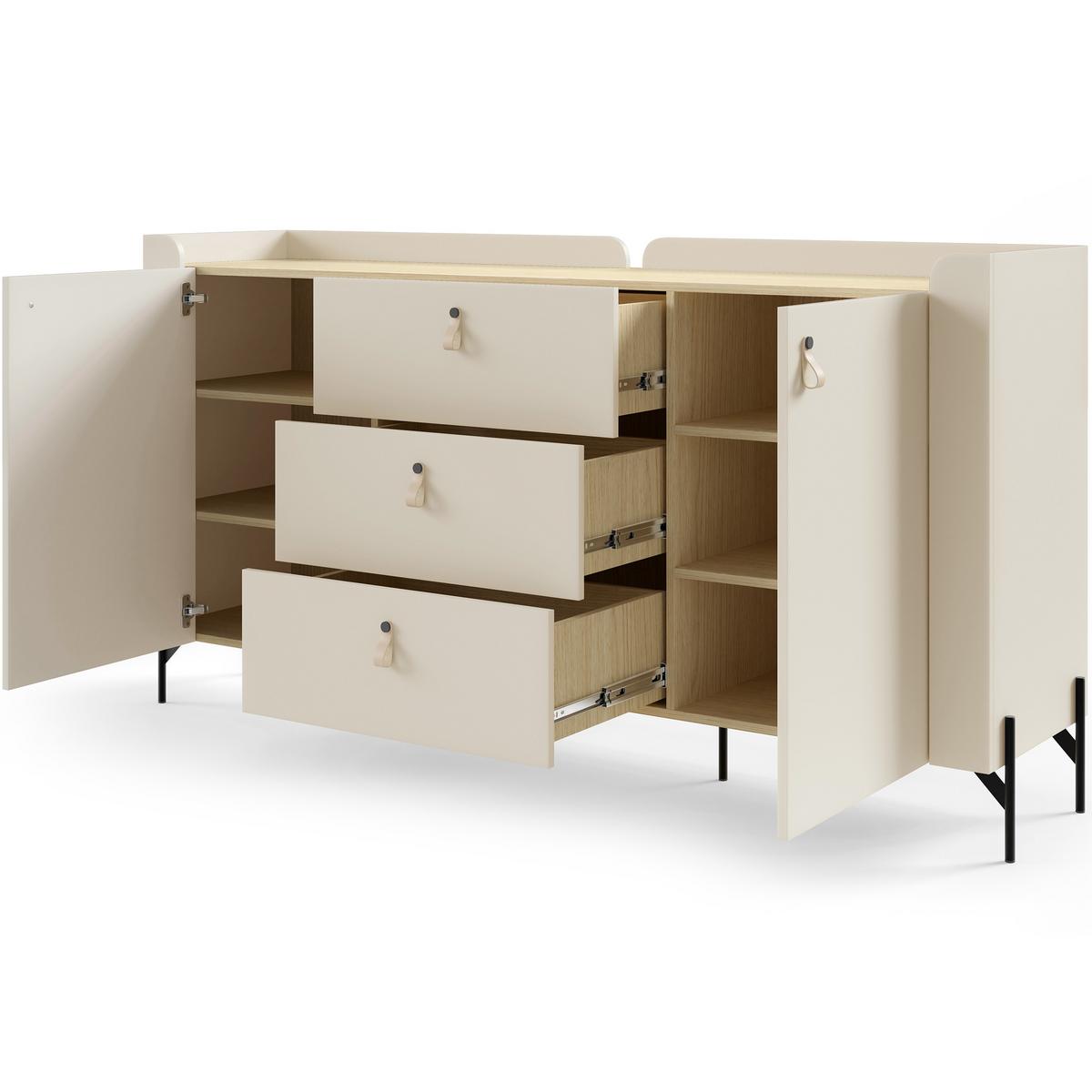 KOMMODE Sorella mit 2 Türen und 3 Schubladen, 180 cm, für Jugendzimmer, Macadamia + Eiche Mavelie - Eichefarben/Beige, Leder/Holzwerkstoff (180/95/42cm) - Beautysofa