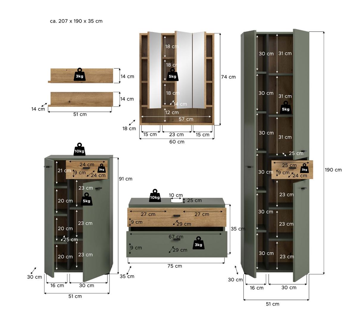 BADMÖBEL-SET grün, Evoke Eiche 6-teilig 207 cm, Komplettset mit viel Stauraum - Eichefarben/Schwarz, Glas/Holzwerkstoff (207/191/35cm) - Inn.Furn