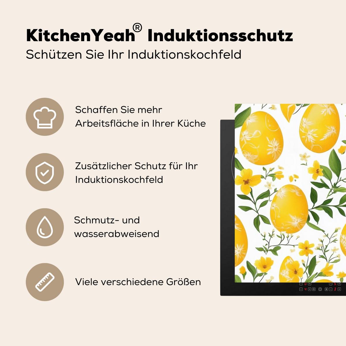 HERDABDECKPLATTE Blumen - Ostereier - Gelb Induktionsschutz 91.2x52 cm - Gelb, Kunststoff (91.2/52/0.2cm) - MuchoWow