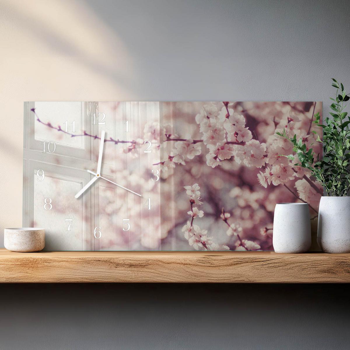 WANDUHR aus Glas 60x30 cm - Kirschblüten - Pink, Glas (60/30/0.4cm) - TULUP