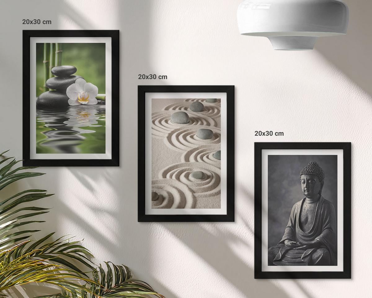 BILDER SET 3er Set - 20x30 cm Schwarzer Rahmen - Entspannender Blick auf den Zen-Buddha - Schwarz, Kunststoff (20/30cm) - TULUP