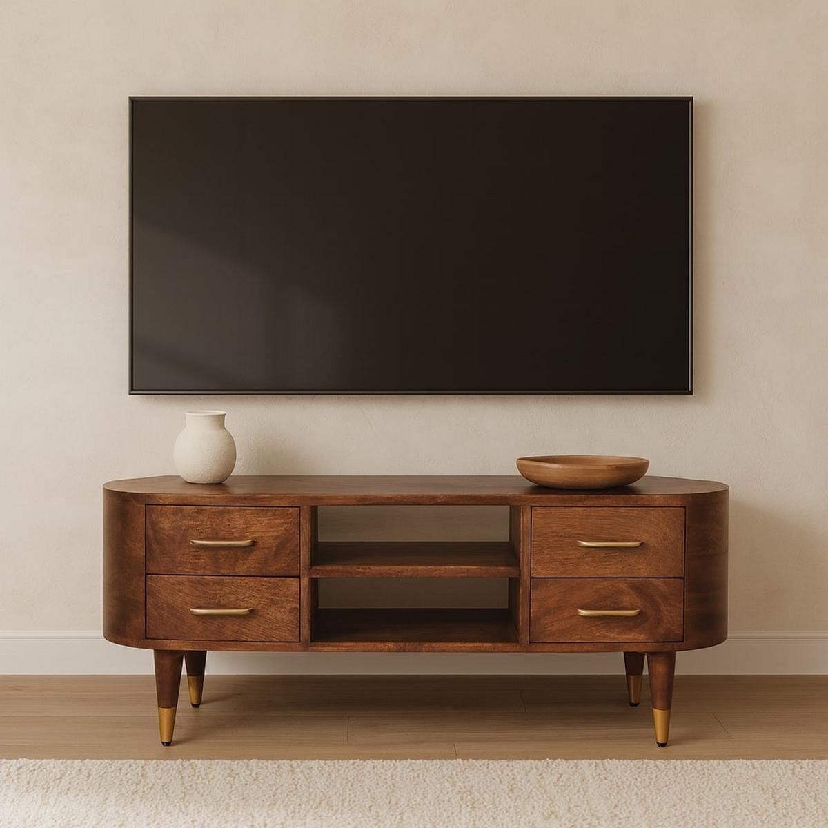 MEDIENEINHEIT mit Wine-Wood-Oak-Finish, 4 Schubladen, 2 offene Ablagen, T-Bar-Griffe, braun - Goldfarben/Braun, Holz/Metall (110/48/35cm) - Artisan Furniture