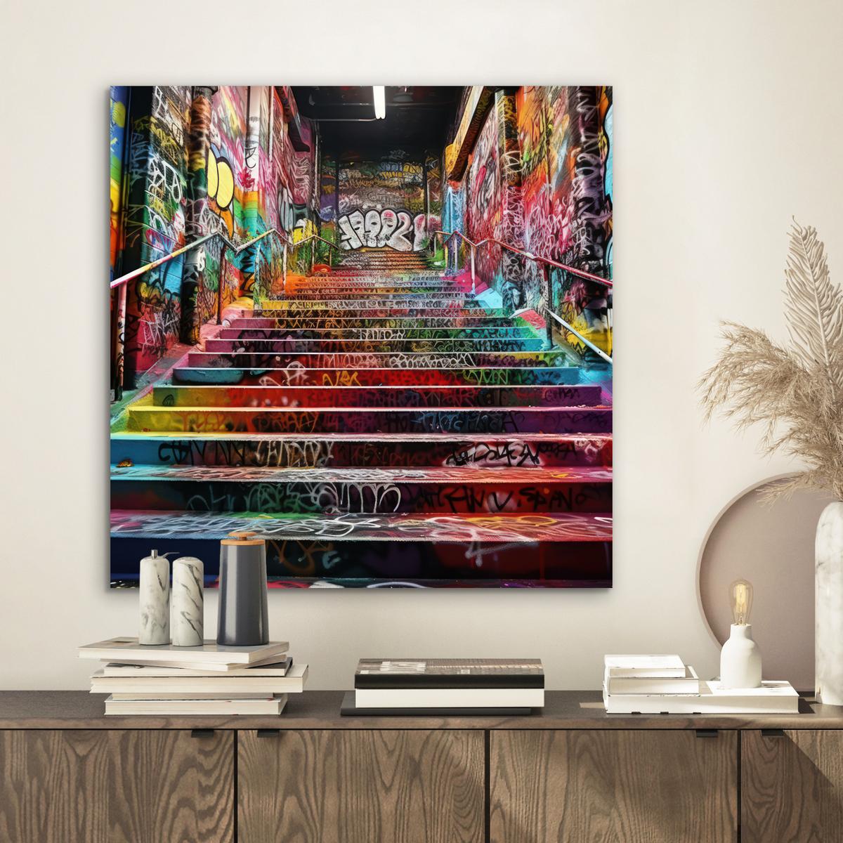 METALLBILD Treppe - Graffiti - Farben - Kunst 50x50 cm - Multicolor, Metall (50/50cm) - MuchoWow