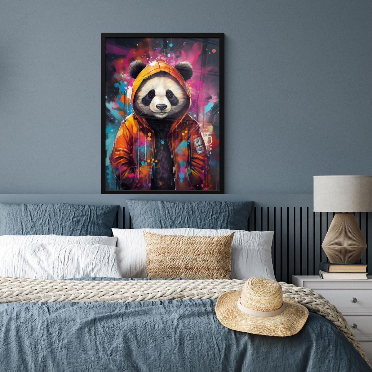 POSTER MIT RAHMEN Panda - Jacke - Graffiti - Orange Posterleiste 60x80 cm - Orange, Papier (60/80cm) - MuchoWow