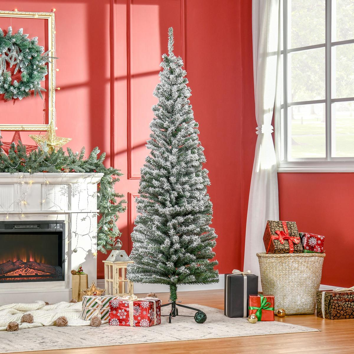 KÜNSTLICHER-WEIHNACHTSBAUM 180 cm Bleistift Kiefernbaum mit Schnee 492 Spitzen - Grün, Kunststoff (180cm) - HOMCOM