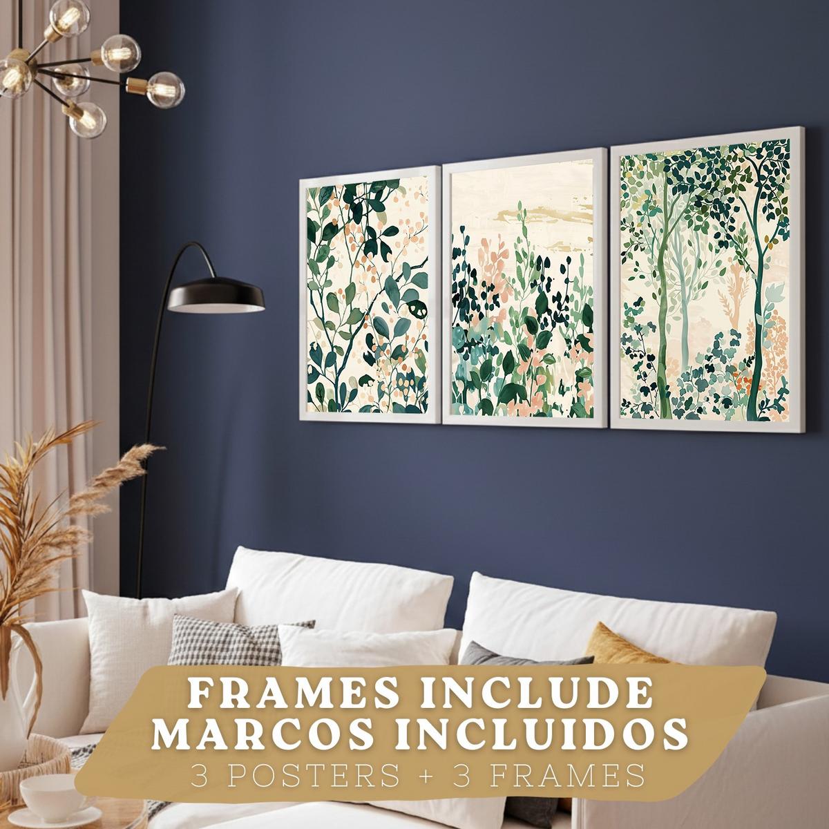 POSTER 3er-Set Wandbilder Floral Bäume modern Wohnzimmer Deko, Schlafzimmer, Küche, Badezimmer Weißer Rahmen A3 - Weiß, Papier (29.7/1/42cm) - Nacnic
