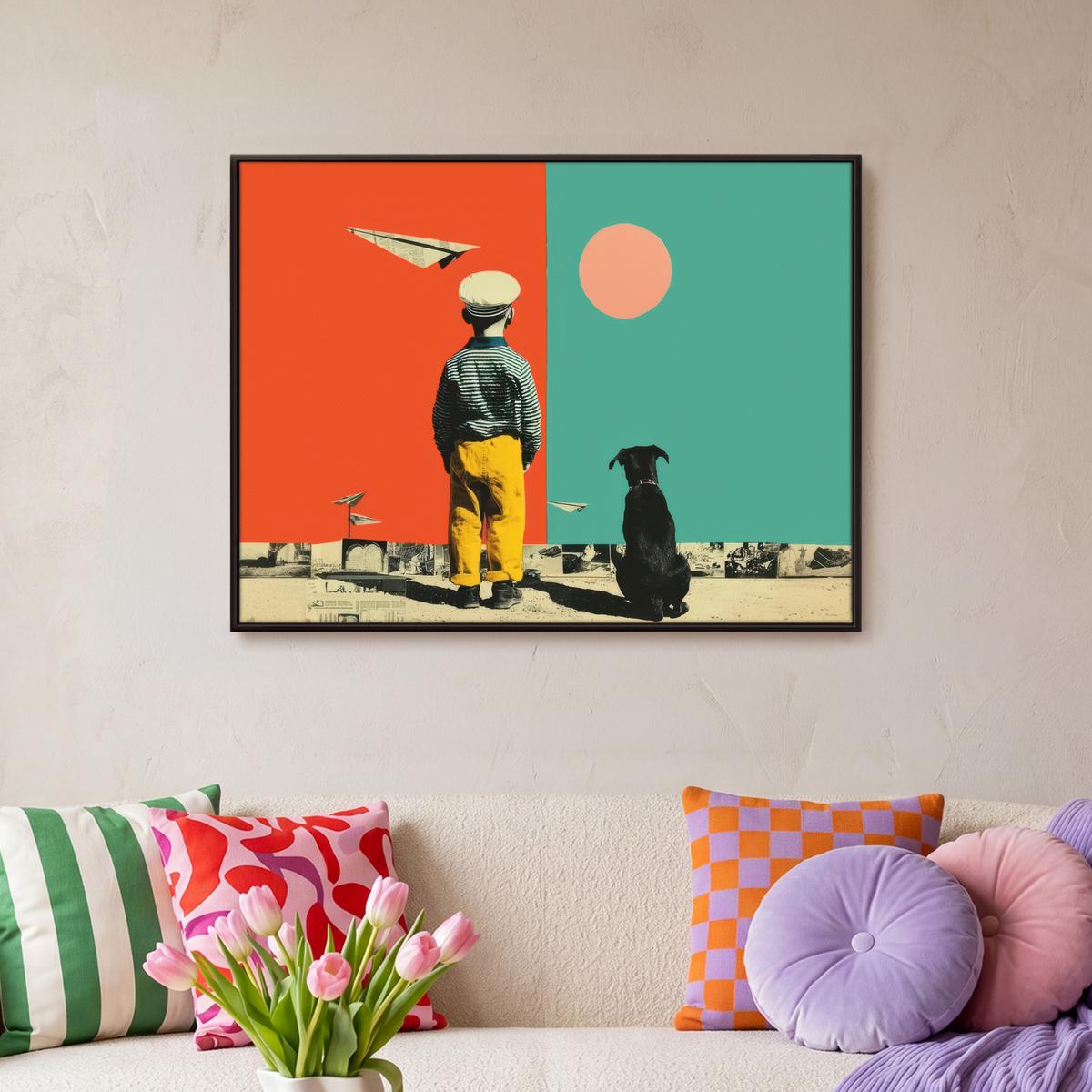 LEINWAND Bilder mit Rahmen - Retro - Junge - Hund - Rot - Grün - 80x60 - Orange, Textil (80/60cm) - MuchoWow