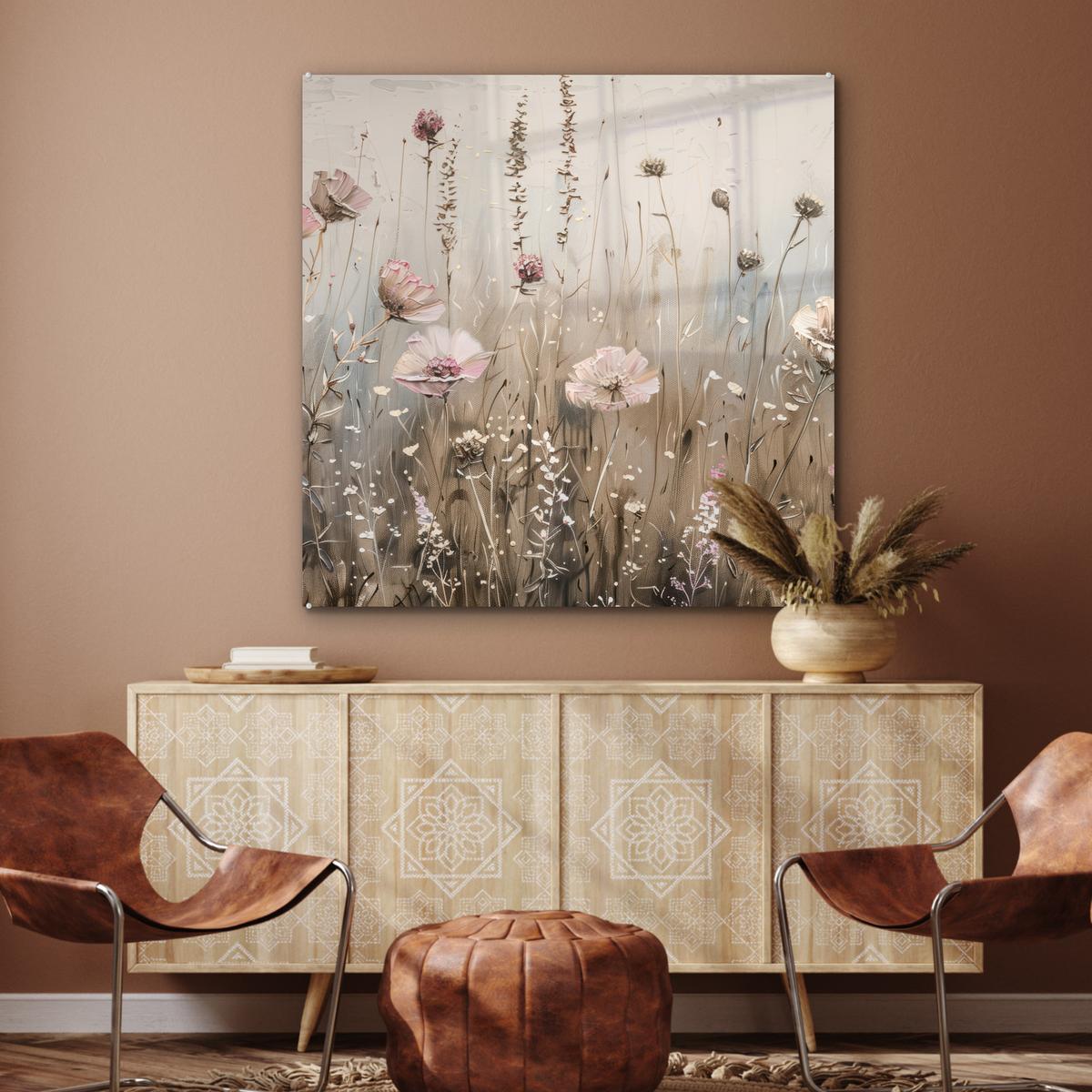 ACRYLGLASBILD Blumen - Rosa - Modern - Beige 90x90 cm - Beige, Glas (90/90cm) - MuchoWow