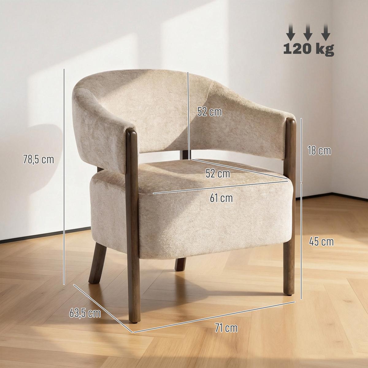 SESSEL Chenille Holz Beige - Beige/Braun, Holz/Textil (63.5/78.5/71cm) - HOMCOM
