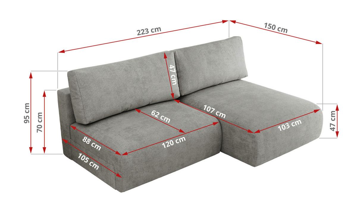 ECKSCHLAFSOFA VIVO L Hellgrau Struktur - rechts - Hellgrau/Schwarz, Kunststoff/Textil (150/223cm) - MKS