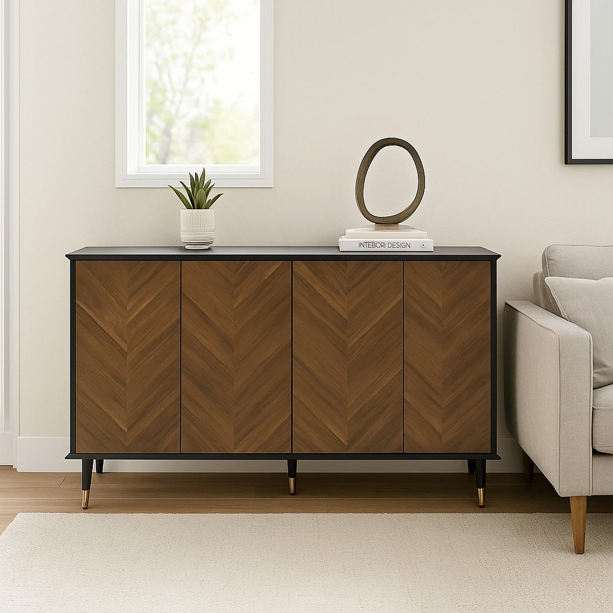 SIDEBOARD mit 3 Türen Walnussoptik und Goldene Akzente - Walnussfarben, Holzwerkstoff/Metall (140/80/40cm) - Urban Meuble