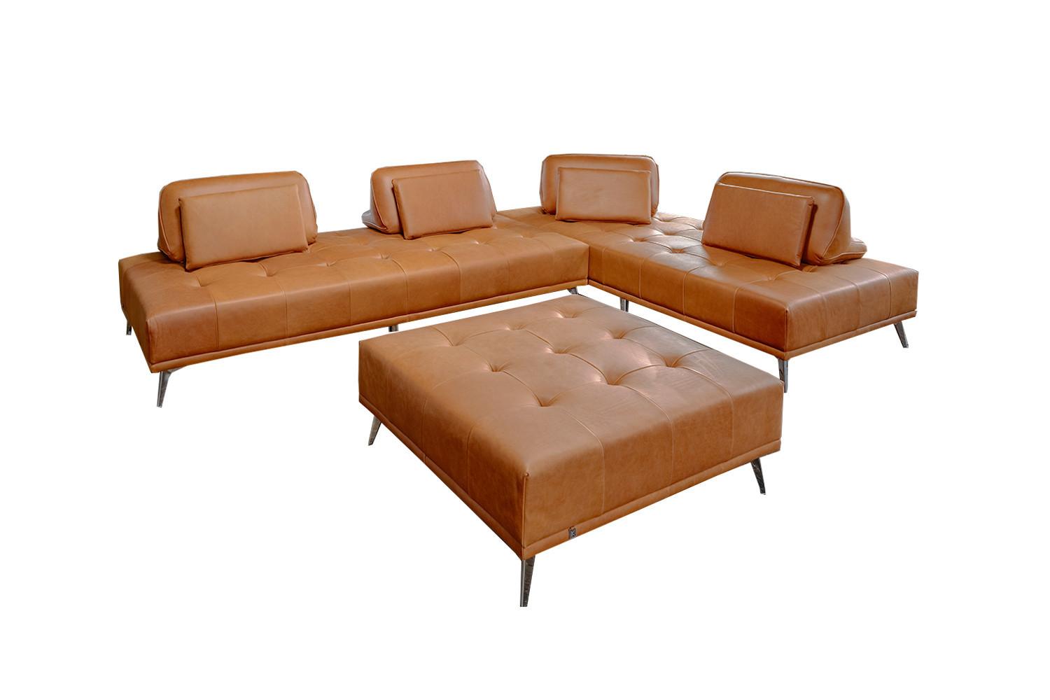MODULSOFA MIT HOCKER WIOLO 3ER SET Braun Leder - Silberfarben/Braun, Leder/Metall (350/83/350cm) - KAWOLA