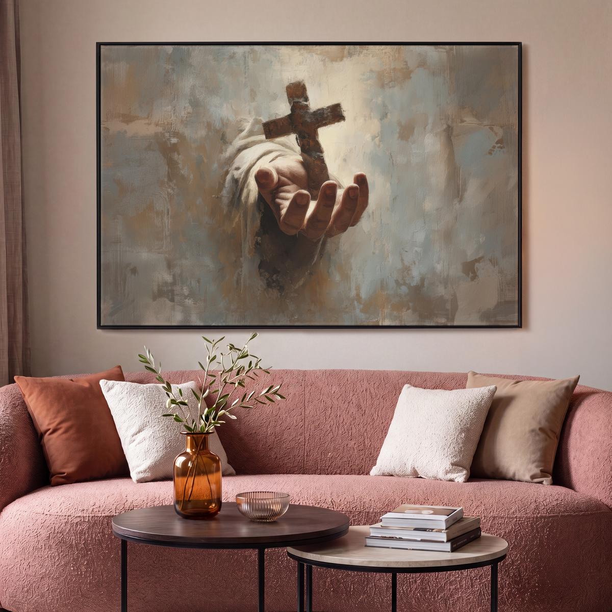 LEINWAND Bilder mit Rahmen - Abstrakt - Kreuz - Hand - Christentum - 150x100 - Hellbraun, Textil (150/100cm) - MuchoWow