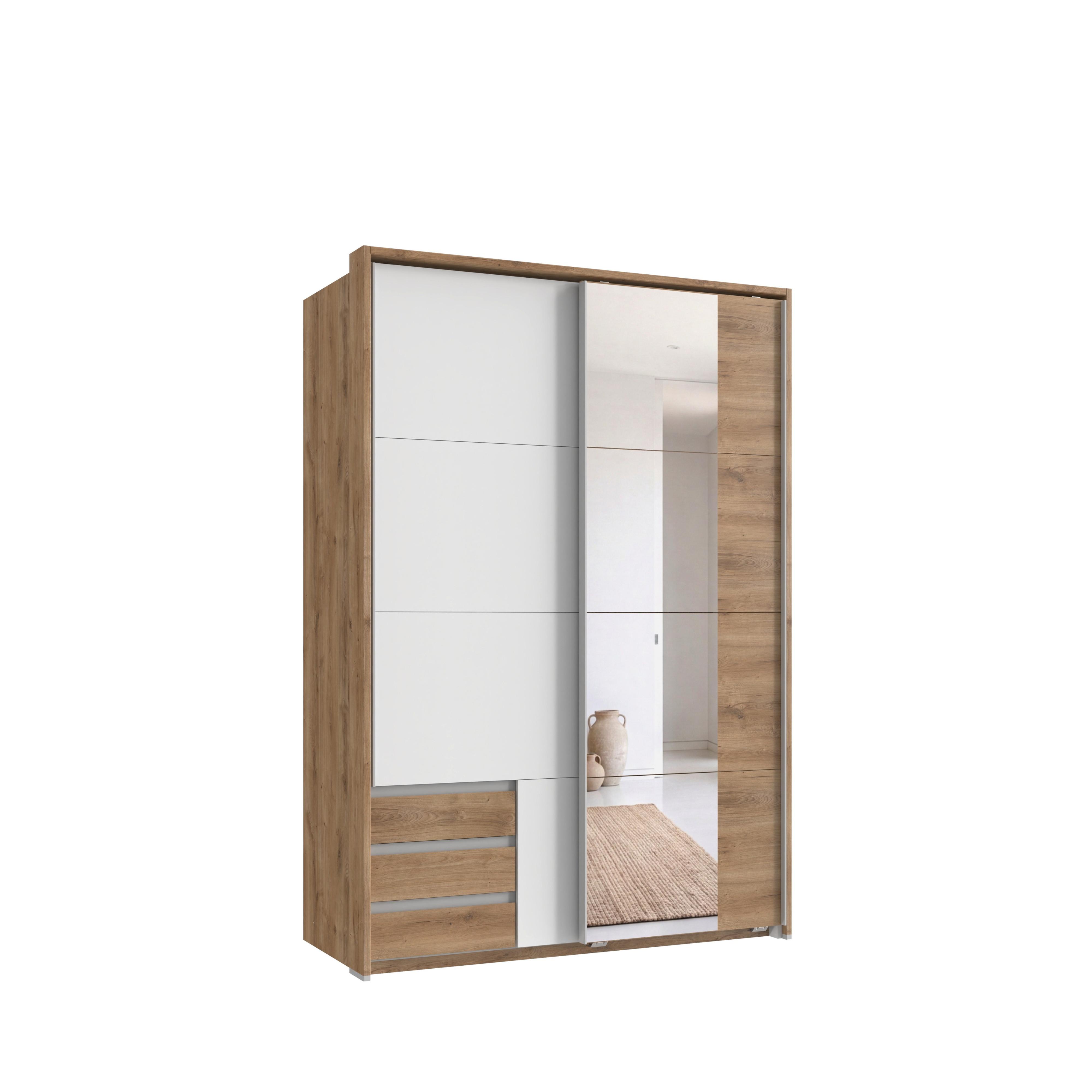 SCHWEBETÜRENSCHRANK 2-türig B138/H200/T65 cm, Passepartout-Kleiderschrank mit Spiegel & sichtbaren Schubkästen in Eiche Dekor, 1x Tür in Weiß / 22684 - Eichefarben/Alufarben, Holz/Holzwerkstoff (138/200/65cm) - luma-home