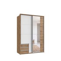 SCHWEBETÜRENSCHRANK 2-türig B138/H200/T65 cm, Passepartout-Kleiderschrank mit Spiegel & sichtbaren Schubkästen in Eiche Dekor, 1x Tür in Weiß / 22684 - Eichefarben/Alufarben, Holz/Holzwerkstoff (138/200/65cm) - luma-home