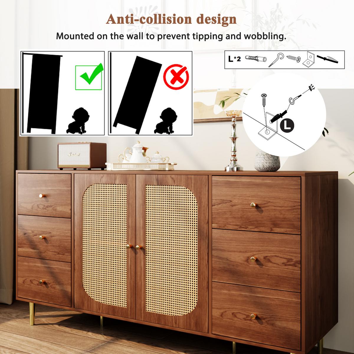 SIDEBOARD 160 cm Holzoptik & Rattan Kommode mit 6 Schubladen und 2 Türen - Eichefarben, Holzwerkstoff (160/90/40cm) - Urban Meuble