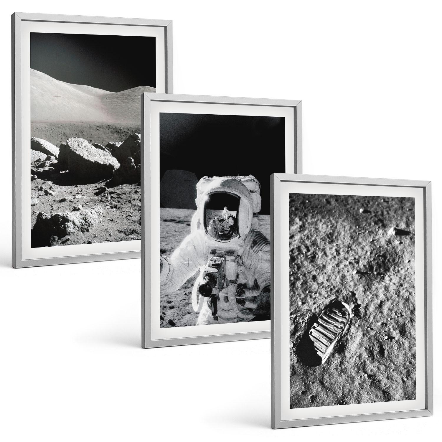 BILDER SET 3er Set - 40x60 cm Silberner Rahmen - NASA-Fotos vom Mond Astronaut - Silberfarben, Kunststoff (40/60cm) - TULUP
