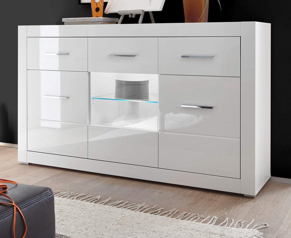 SIDEBOARD weiß Hochglanz 164 cm, Kommode mit 6 Fächern - Chromfarben/Weiß Hochglanz, Glas/Holzwerkstoff (164/97/42cm) - Furn.Design