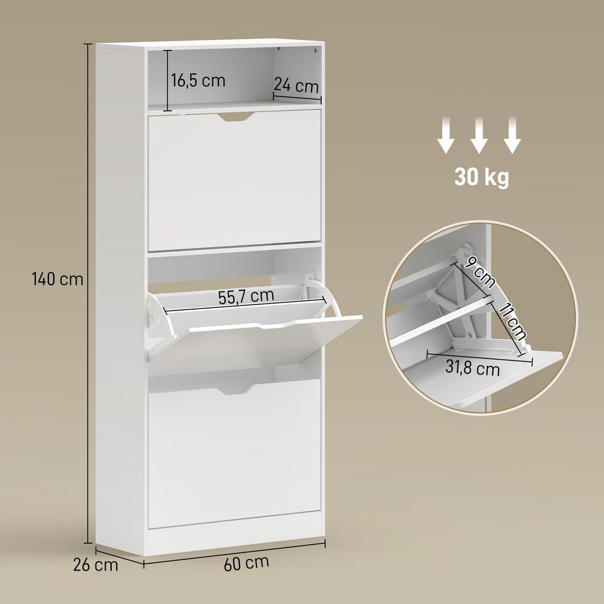 SCHUHSCHRANK aus MDF 60/26/140 cm Weiß - Weiß, Holzwerkstoff (26/140/60cm) - HOMCOM